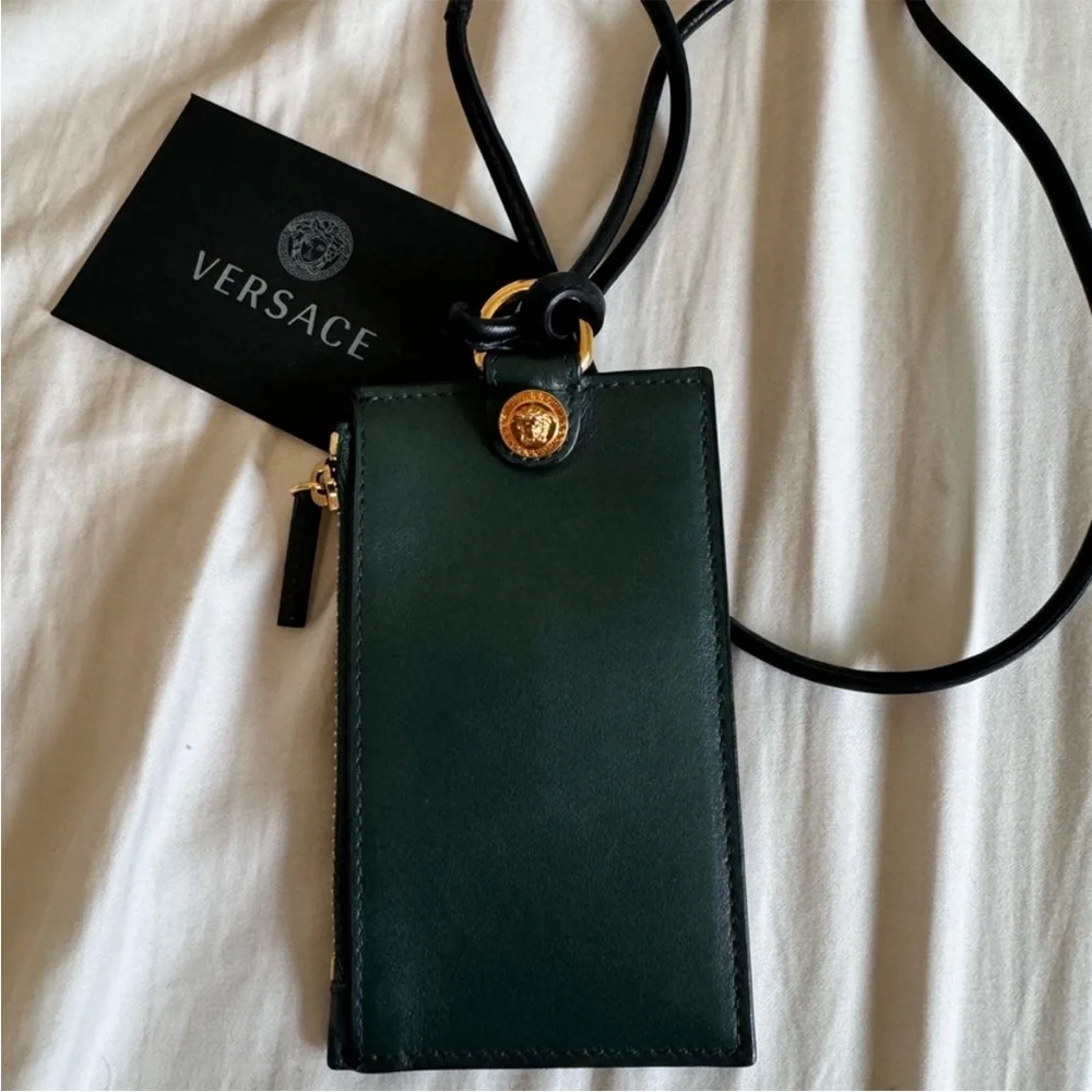 Versace Medusa Forest Green Unisex Leather Wallet With Detachable Lanyard Strap